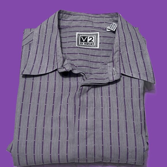 V2 by Versace Men's Buttoned-down Shirt, 15.5 R, Preppy, Gray/Purple Stripes - Picture 3 of 7